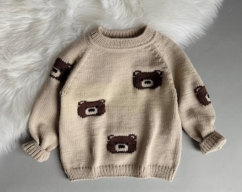 Handmade Merino Wool Knit Baby Sweater: Bear Design