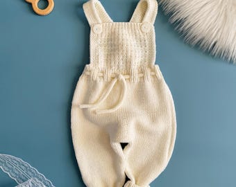 Handmade Merino Wool Knitted Baby Dungarees: Unisex Jumpsuit