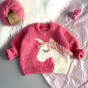 Unicorn sweater, alpaca sweater, knitted jumper, kids&#39; clothes, handmade, girls sweater, pink, unicorn, gift for girl, knitwear for kids