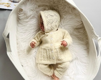 Handmade Alpaca Knit Baby Set: Newborn Cardigan, Pants & Bonnet