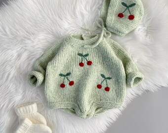 Handmade Alpaca Knit Baby Set: Cherry Bodysuit & Bonnet