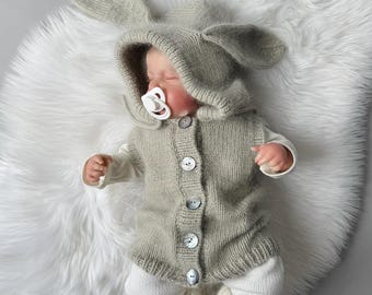 Cashmere Angora Knit Baby Vest: Bunny Ears Hood, Newborn Clothes