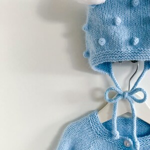 Knitted set for baby, handmade, angora wool, rabbit pompoms, fluffy, perfect for newborn photoshoot, popcorn jacket, baby bonnet image 4