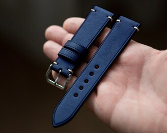 Navy blue vintage two loops classic tapered leather watch strap midnight blue watch band 17mm 18mm 19mm 20mm 21mm