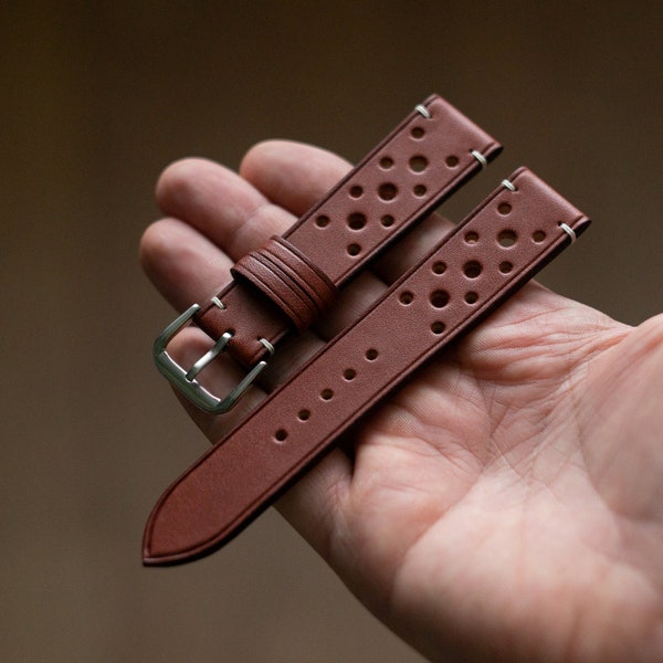 Brown tapered vintage rally leather watch strap with holes, retro racing band 16mm 17mm 18mm 19mm 20mm 21mm 22mm 23mm 24mm