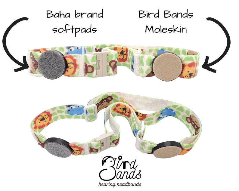 May include: Two hearing aid headband styles with different soft pads. The top headband has a tan moleskin pad and the bottom headband has a gray soft pad. Both headbands have a jungle animal print with lions, monkeys, and giraffes. The text "Bird Bands hearing headbands" is printed on the bottom of the image.