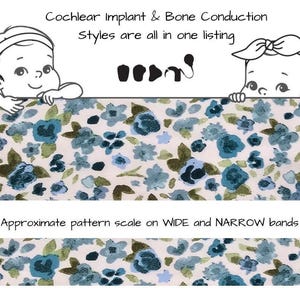 Pode incluir: Imagem com o texto "Cochlear Implant & Bone Conduction Styles are all in one listing". Apresenta um padrão floral azul e verde com ilustrações de bebês de desenho animado.
