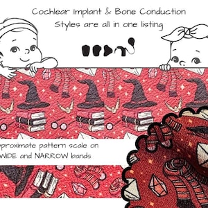 Pode incluir: Uma faixa de tecido vermelho com um padrão repetitivo de chapéus de bruxa, livros empilhados, cachecóis listrados, envelopes e cristais. O texto diz: Cochlear Implant & Bone Conduction Styles are all in one listing. Approximate pattern scale on WIDE and NARROW bands.