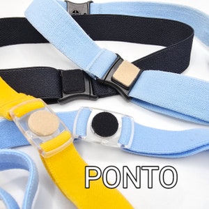 May include: Three elastic belts with adjustable buckles and velcro closures. The belts are in blue, black, and yellow. The word "PONTO" is printed on the bottom of the image.