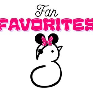 Pode incluir: Um design gráfico com o texto Fan FAVORITES em preto e rosa choque. Abaixo do texto, há um desenho de linha preta do número três, coroado com orelhas de rato pretas e um laço rosa choque com bolinhas brancas, e um tapa-olho preto.
