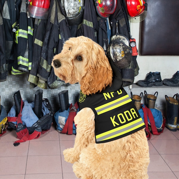 Personalized Fireman Dog Hoodie, Fire Department Dog Shirt, Custom Fireman's Dog Hoodie, Halloween Costume for Dog, Dog Fire Parade Shirt