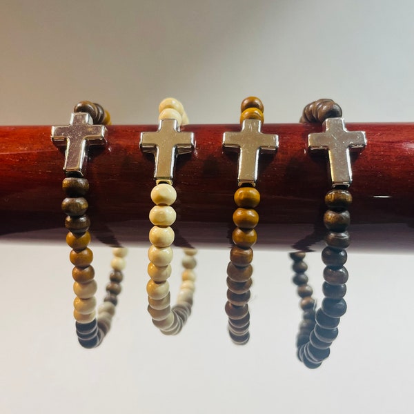 Wooden beaded cross bracelet