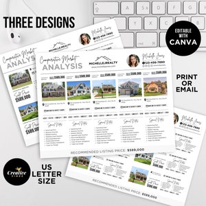 Peut inclure: Trois designs différents pour une brochure d'analyse comparative du marché immobilier. Chaque design présente une photo d'une maison, l'adresse, le prix de vente, le nombre de jours sur le marché et des notes spéciales. La brochure comprend également le nom de l'agent immobilier, son numéro de téléphone et son site web. Le texte "Prix de vente recommandé : 589 000 €" est en bas de la brochure.