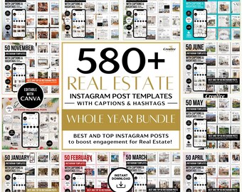 Real Estate Full Year Instagram Posts with Captions and Hashtags Social Media Posts Bundle Realtor Full Year Posts Bundle Social Media Canva