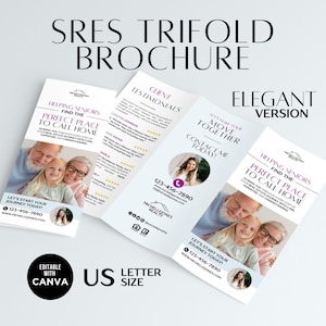 Może przedstawiać: Trójskładana broszura w różowo-białym schemacie kolorystycznym. Broszura jest dla agenta nieruchomości, który specjalizuje się w pomaganiu seniorom w znalezieniu idealnego miejsca do życia. Broszura zawiera referencje od poprzednich klientów, dane kontaktowe agenta oraz zdjęcie agenta z parą seniorów i ich wnuczką.