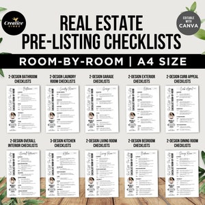 May include: A collection of white A4-sized checklists for real estate pre-listing tasks, organized by room, with headings like "Bathroom" and "Kitchen." The design includes the text "Real Estate Pre-Listing Checklists" and "Editable with Canva."