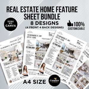 Real Estate Home Feature Sheet Flyer Templates, For Sale Flyer, Open House Flyer, Real Estate Marketing, Real Estate Listing Flyer, Canva