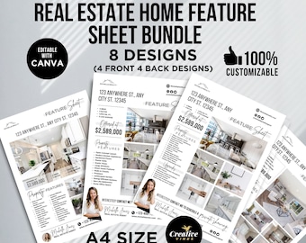 Real Estate Home Feature Sheet Flyer Templates, For Sale Flyer, Open House Flyer, Real Estate Marketing, Real Estate Listing Flyer, Canva