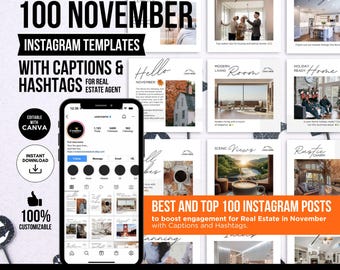 Real Estate November Instagram Posts With Captions and Hashtags November Social Media Posts Real Estate Marketing Thanksgiving Canva