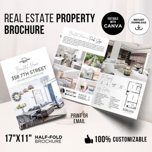 Brochure immobiliare di lusso, marketing immobiliare, brochure immobiliare, brochure pieghevole a metà, volantino di annunci, modello Canva per brochure di open house