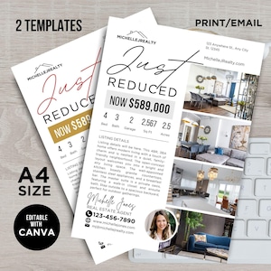 Puede incluir: Un folleto de bienes raíces con una foto del interior de una casa y una foto del agente inmobiliario. El folleto dice "Recién Reducido" y "Ahora 589.000 €". El folleto también incluye la información de contacto del agente y su sitio web.