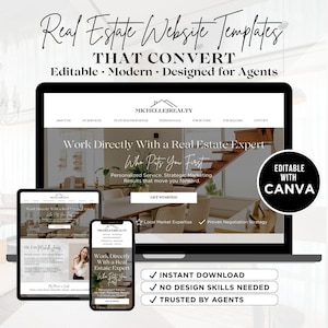 May include: A laptop, tablet, and smartphone display real estate website templates. The text reads "Real Estate Website Templates That Convert" and "Editable, Modern, Designed for Agents." The website showcases a real estate expert.