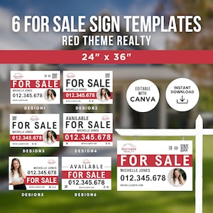 Puede incluir: Imagen promocional que muestra seis plantillas de letreros "En Venta" con un tema rojo, diseñadas para bienes raíces. Los letreros miden 61 cm x 91 cm e incluyen espacio para una foto, información de contacto y el texto "En Venta" o "Disponible". La imagen también promociona la edición con Canva y la descarga instantánea.