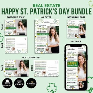 Lot marketing immobilier Saint-Patrick 2026, carte postale, flyer, publication Instagram, mars de l'immobilier textable, Saint-Patrick, toile modifiable