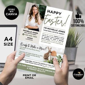 May include: A Happy Easter real estate marketing postcard with a photo of a woman, a bunny rabbit, and an egg in a nest. The text reads "Happy Easter! I'm Michelle Jones, Your Real Estate Agent!" and "Ready to Make a Move? Let's Make Your Real Estate Dreams Blossom!"