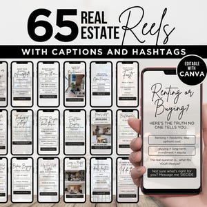 May include: An image promoting real estate reels, with the text "65 Real Estate Reels with Captions and Hashtags." The image shows a smartphone displaying a reel about renting or buying a home. A hand is holding the phone.