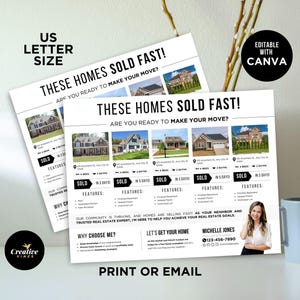 May include: A black and white real estate flyer with the text "These Homes Sold Fast! Are you ready to make your move?"  The flyer features photos of houses and information about the homes, including the number of bedrooms and bathrooms, and the number of days it took to sell. The flyer also includes a photo of a real estate agent and her contact information.