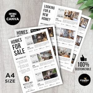 May include: A black and white real estate flyer with the text "Homes for Sale" and a photo of a house. The flyer includes the listing price, home description, and contact information for a real estate agent.
