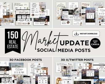 Actualización del mercado Paquete de redes sociales Publicaciones e historias de Instagram sobre bienes raíces Publicaciones de Facebook sobre actualizaciones del mercado Publicaciones de Twitter X Marketing inmobiliario