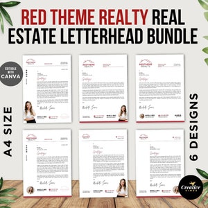 Paquete de membretes inmobiliarios de Red Realtor Plantilla de membrete inmobiliario de Red Realty Membrete inmobiliario Marketing inmobiliario Canva