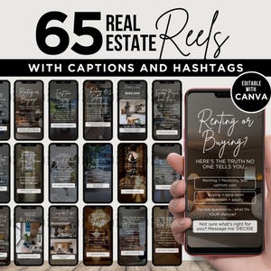 May include: A promotional image for real estate marketing, featuring a collection of 65 Reels with captions and hashtags. The image includes a smartphone displaying a Reel about renting or buying, with the text "HERE'S THE TRUTH NO ONE TELLS YOU..."