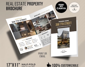 Luxury Property Brochure for Real Estate Agent, 4 Page Real estate Brochure, Real Estate Listing Brochure Template Half Fold Brochure, Canva