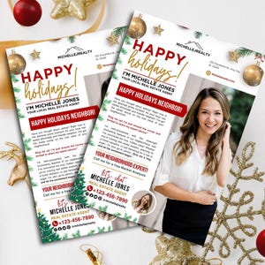 Folleto inmobiliario navideño, carta de saludos al vecino, carta de agricultura para las fiestas de invierno, marketing inmobiliario, Canva editable / Felices fiestas