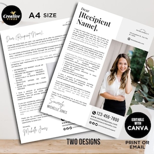 Carta de sucesión inmobiliaria, carta de prospección, carta de prospección de sucesiones, divulgación de ventas de propiedades, folleto de carta de marketing inmobiliario Canva