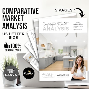 May include: A 5-page comparative market analysis document with a kitchen interior photo and a real estate agent's contact information. The document is customizable and editable with Canva. The document is US letter size.
