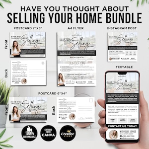 May include: A set of marketing materials for selling a home. The set includes a postcard, flyer, Instagram post, and a text message template. The materials feature a woman in a white shirt and black blazer, and the text "Have you thought about selling your home?" The materials are designed to be customizable with Canva.