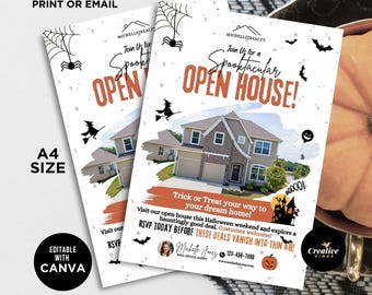 May include: A white and orange open house invitation with a spooky Halloween theme. The invitation features a house, a witch on a broomstick, bats, and a spider web. The text reads "Join Us for a Spooktacular Open House!" and "Trick or Treat your way to your dream home!"