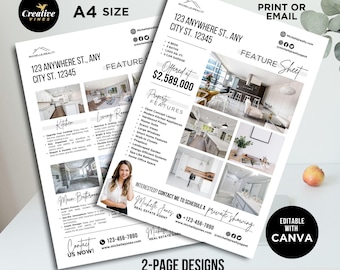 Real Estate Home Feature Sheet Open House Flyer, Flyer Template, Real Estate Marketing, For Sale Flyer Realtor Listing Flyer, Canva Template