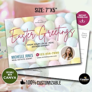 Postal de Pascua para inmobiliaria, saludos de primavera, postal agrícola, postales para agentes inmobiliarios, plantilla editable de Canva para marketing inmobiliario.