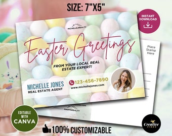 Real Estate Spring Easter Postcard, Hello Spring Greetings, Farming Postcard Realtor Postcards Real Estate Marketing Editable Canva Template