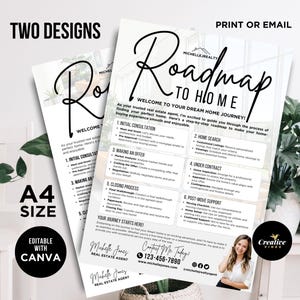 Flyer Roadmap to Home voor makelaars en kopers, kopersproces, sjablonen voor makelaars, vastgoedmarketing kaart huizenkopers Canva