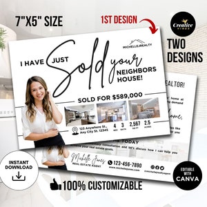 Real Estate Postcards Sold your neighbors House Card Agent Farming Card Real Estate postcard, Real estate marketing, Editable Canva Template