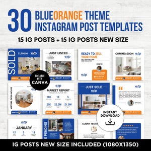 Blue Orange Theme Real Estate Instagram Posts Canva | Real Estate Agent Instagram Templates | Canva Marketing Template Blue and Orange Theme