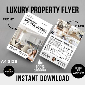 Brochure immobiliare di lusso, volantino immobiliare, marketing immobiliare, volantino di annunci, brochure per open house, volantino immobiliare di lusso modificabile su Canva