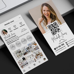 May include: A white and black Instagram profile page for a real estate agent named Michelle Jones. The profile includes a photo of the agent, a QR code, and a grid of images of houses. The text on the page includes the agent's name, contact information, and the phrase "Helping You Find Home".