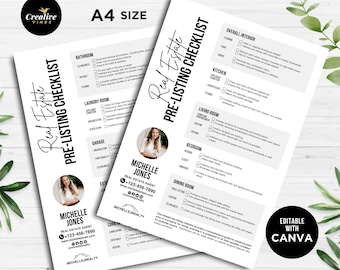May include: A black and white checklist for real estate agents to use when preparing a property for listing. The checklist includes sections for overall interior, kitchen, living room, bedroom, dining room, bathroom, laundry room, garage, exterior, curb appeal, and landscaping. The checklist is editable with Canva.